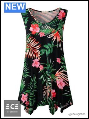Plus Size Sleeveless Tunic Tank Top V Neck Flowy Asymmetrical Hem